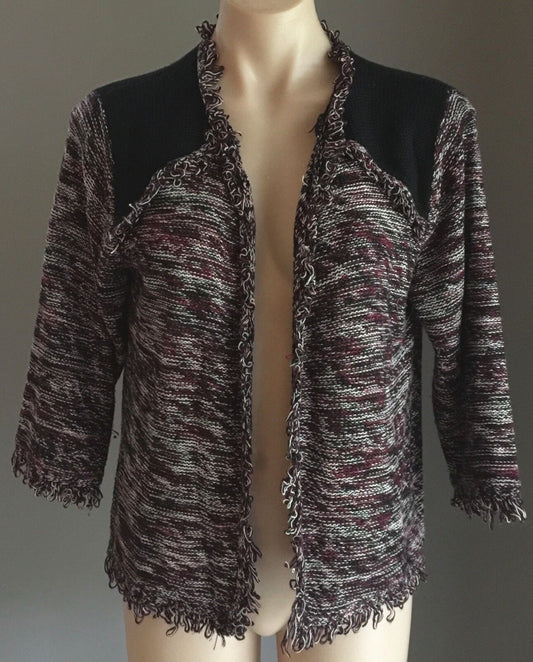 CROSSROADS Jacket Open Cardigan Purple Black & White Fringe Trim Knit Size L 12