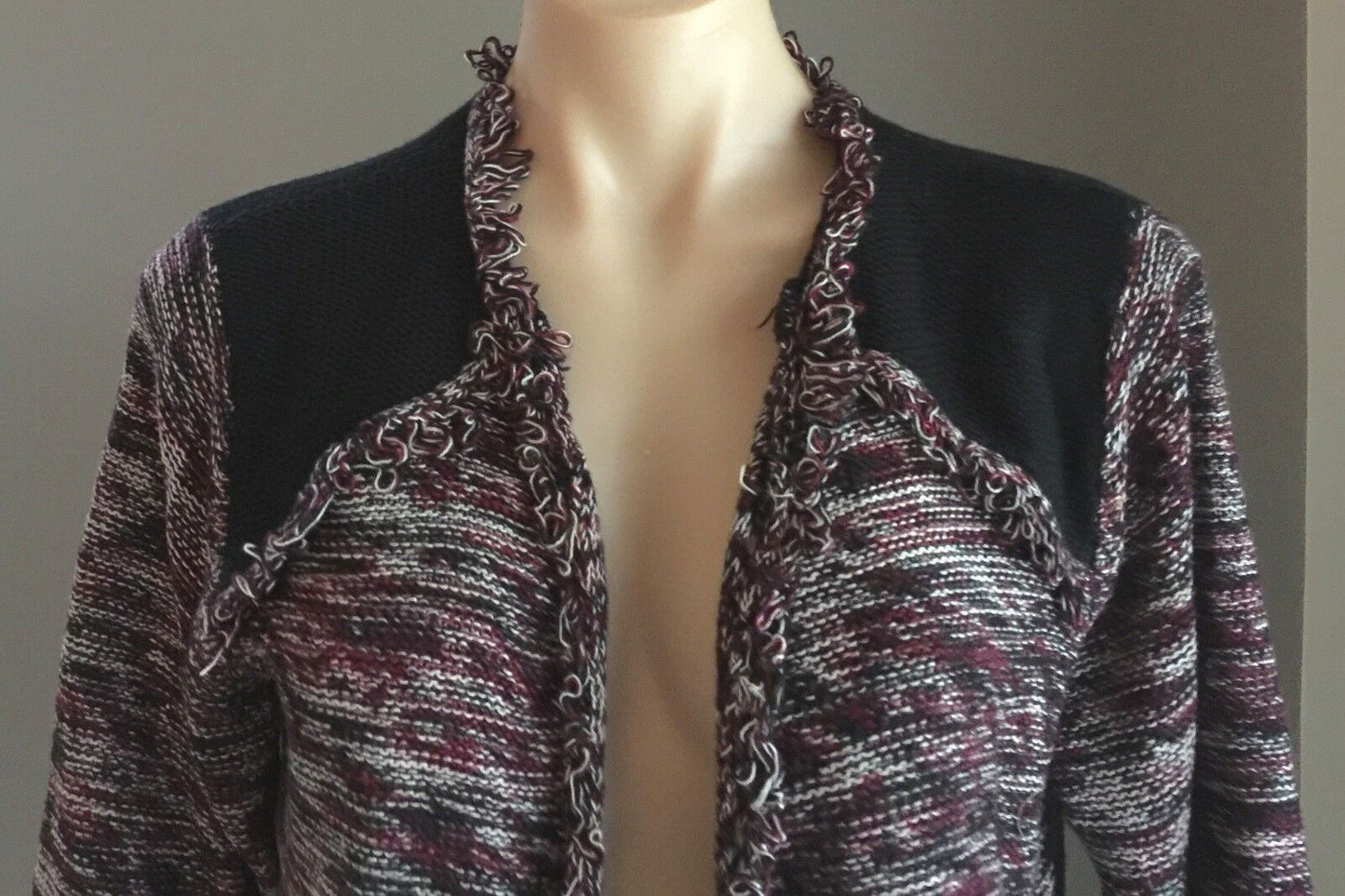 CROSSROADS Jacket Open Cardigan Purple Black & White Fringe Trim Knit Size L 12
