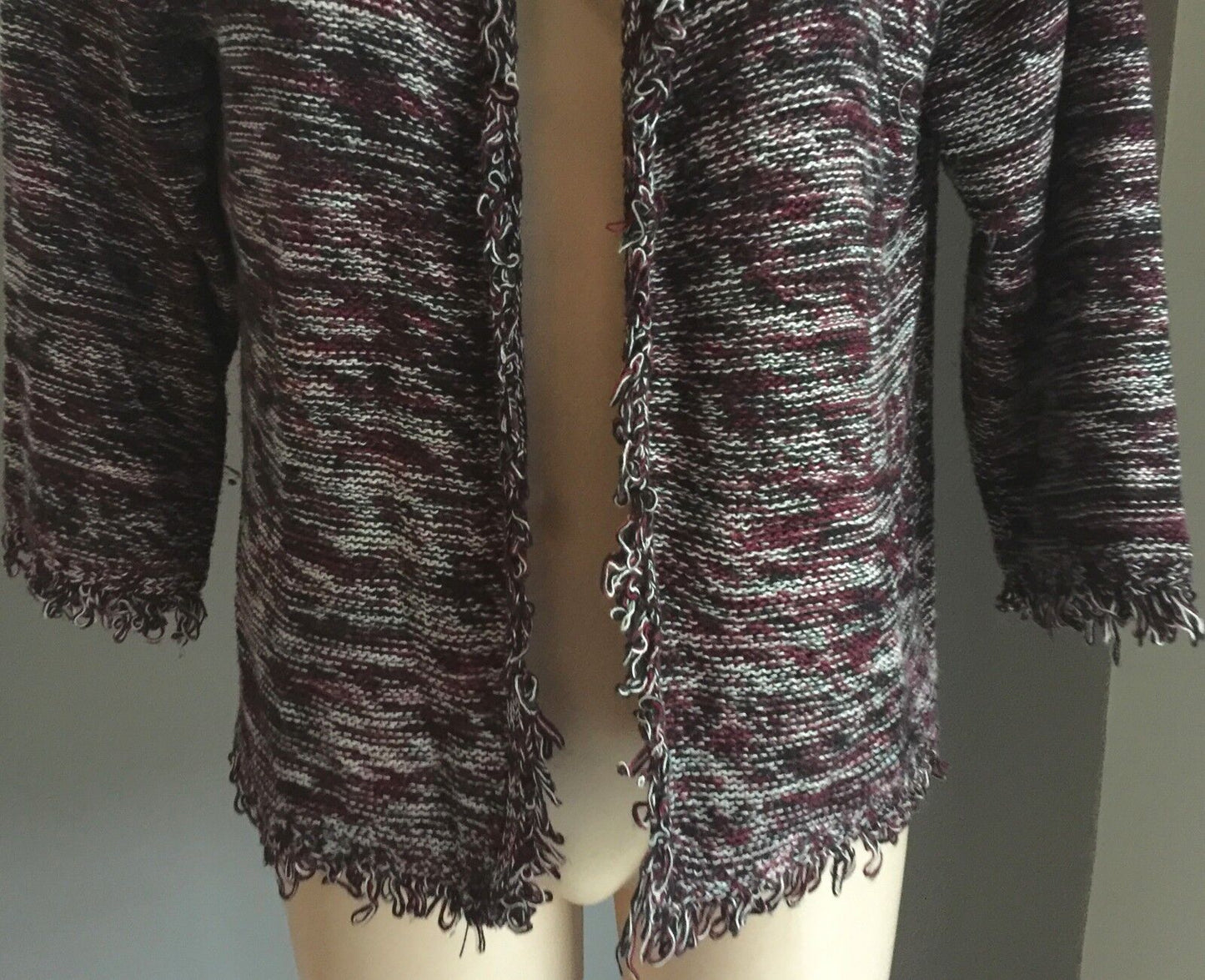 CROSSROADS Jacket Open Cardigan Purple Black & White Fringe Trim Knit Size L 12
