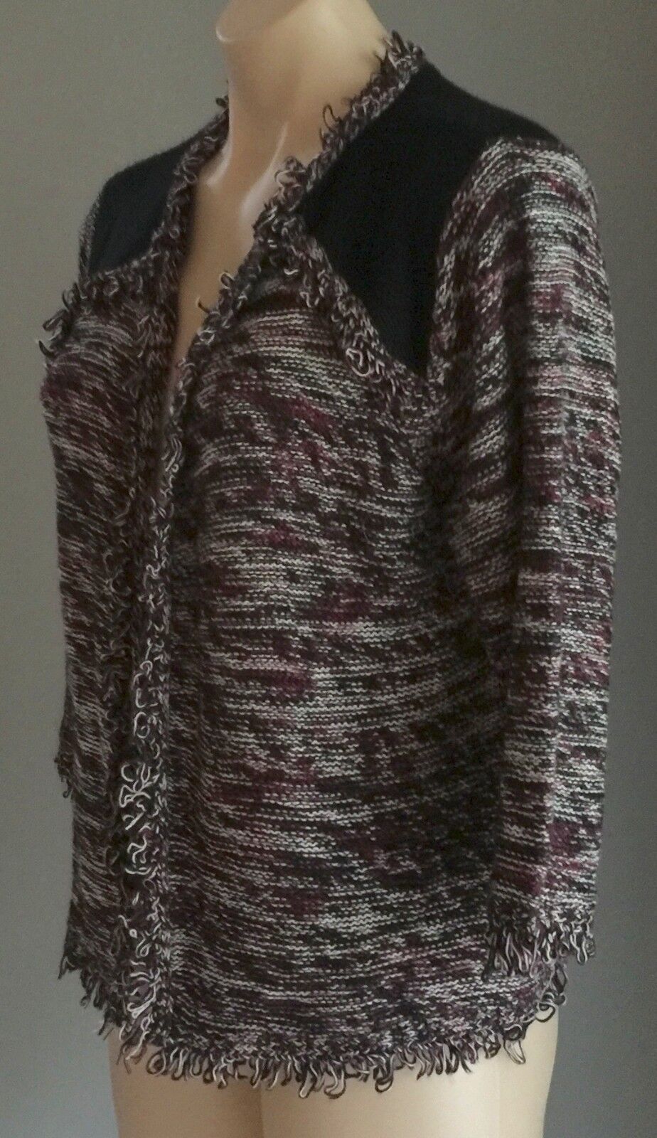 CROSSROADS Jacket Open Cardigan Purple Black & White Fringe Trim Knit Size L 12