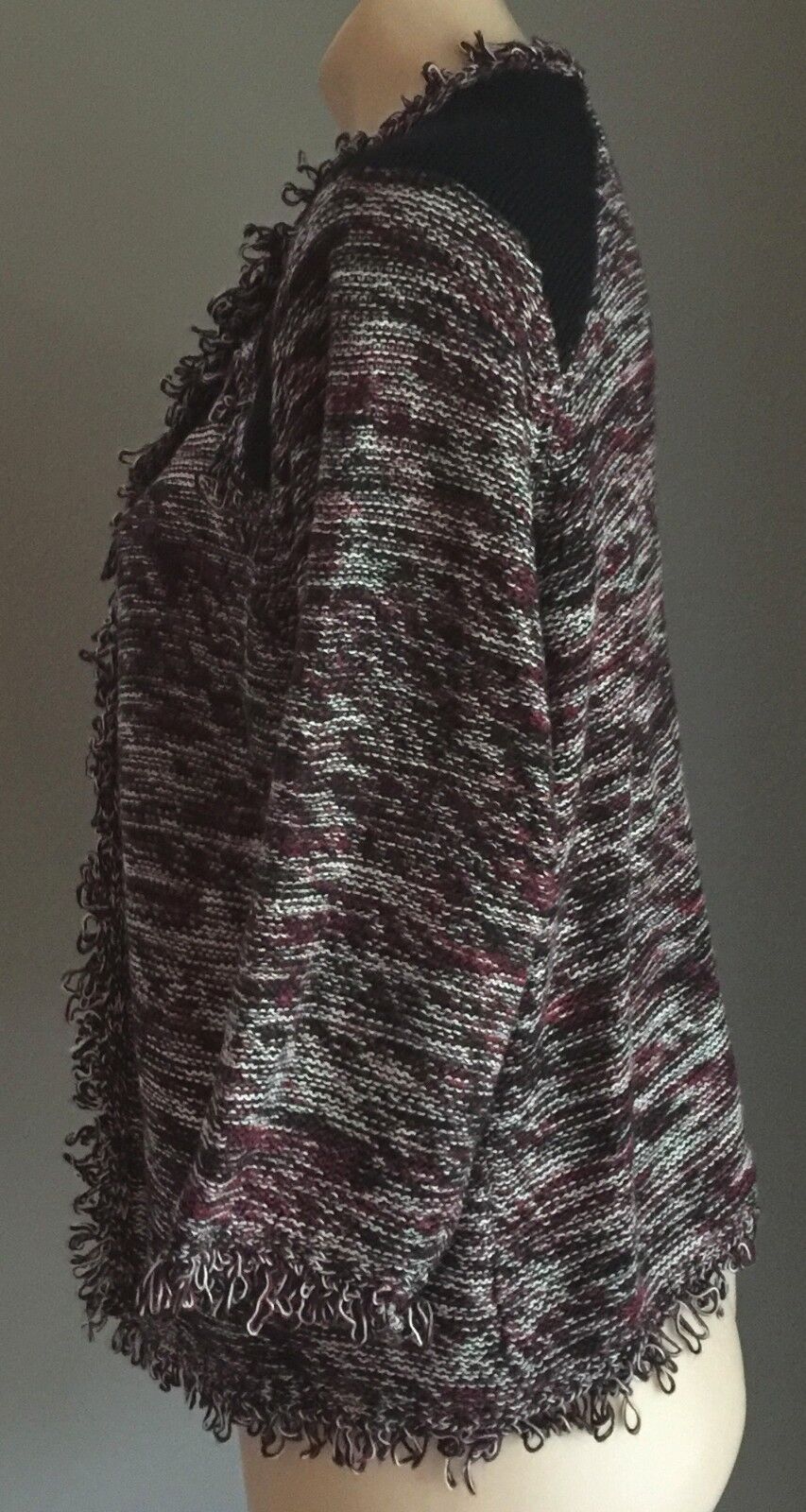 CROSSROADS Jacket Open Cardigan Purple Black & White Fringe Trim Knit Size L 12