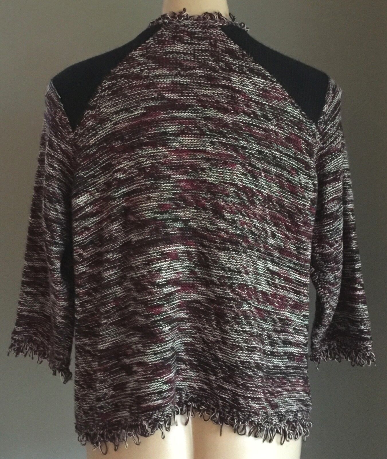 CROSSROADS Jacket Open Cardigan Purple Black & White Fringe Trim Knit Size L 12