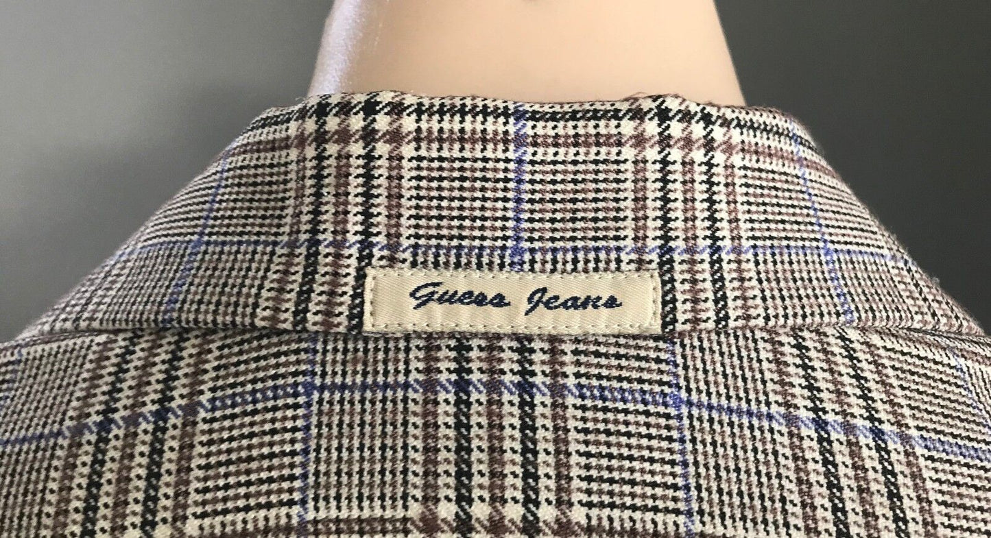GUESS JEANS USA Jacket Brown Plaid Long Sleeve Shirt Ladies Size L 14 Vintage