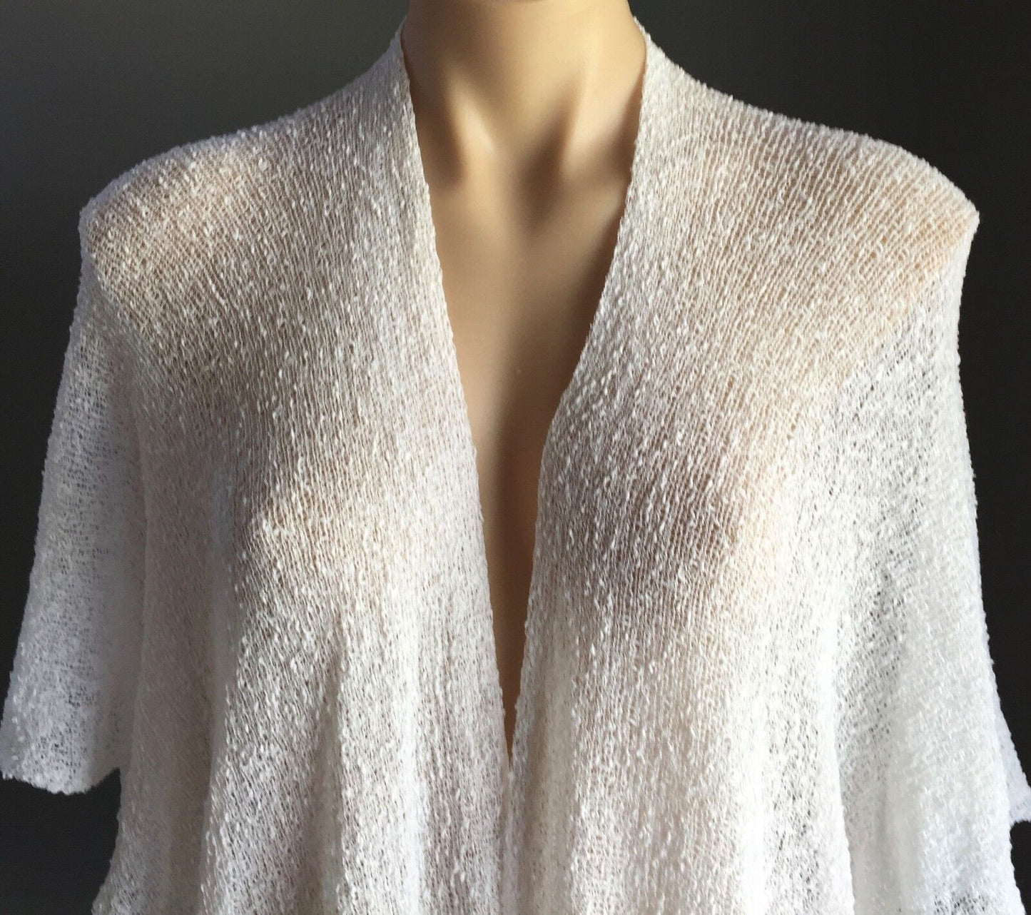 Light Knit Jacket White Open Stitch DRAPE Cardigan Short Sleeve Cocoon Sz 8 - 14