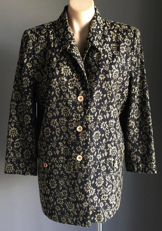Vintage MY TIME Jacket Blue & Taupe Floral Print Tapestry Long Sleeve Size 14