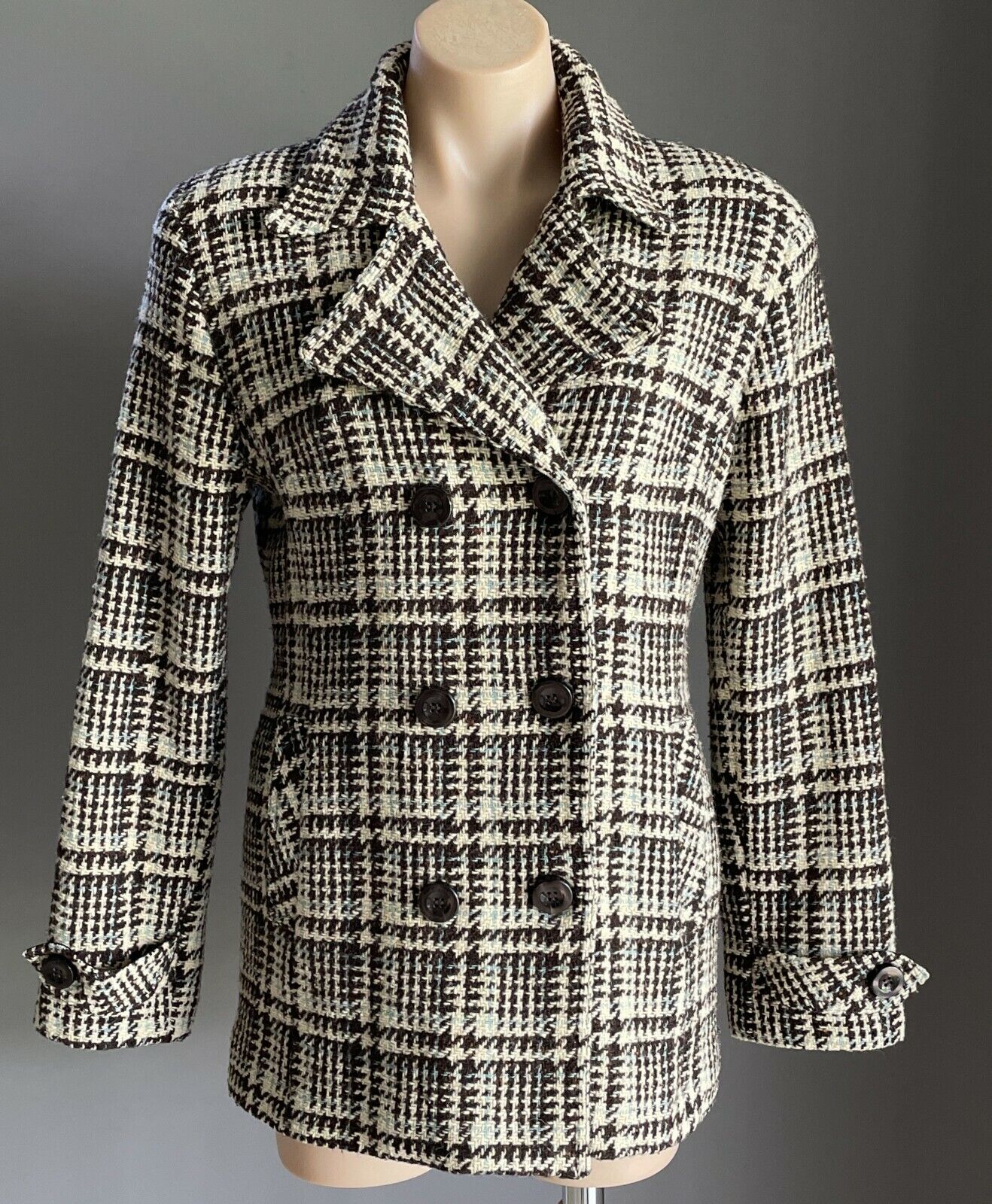 TOMMY HILFIGER Jacket Double Breasted Brown Blue Cream Plaid Wool Mix Sz L AU 14