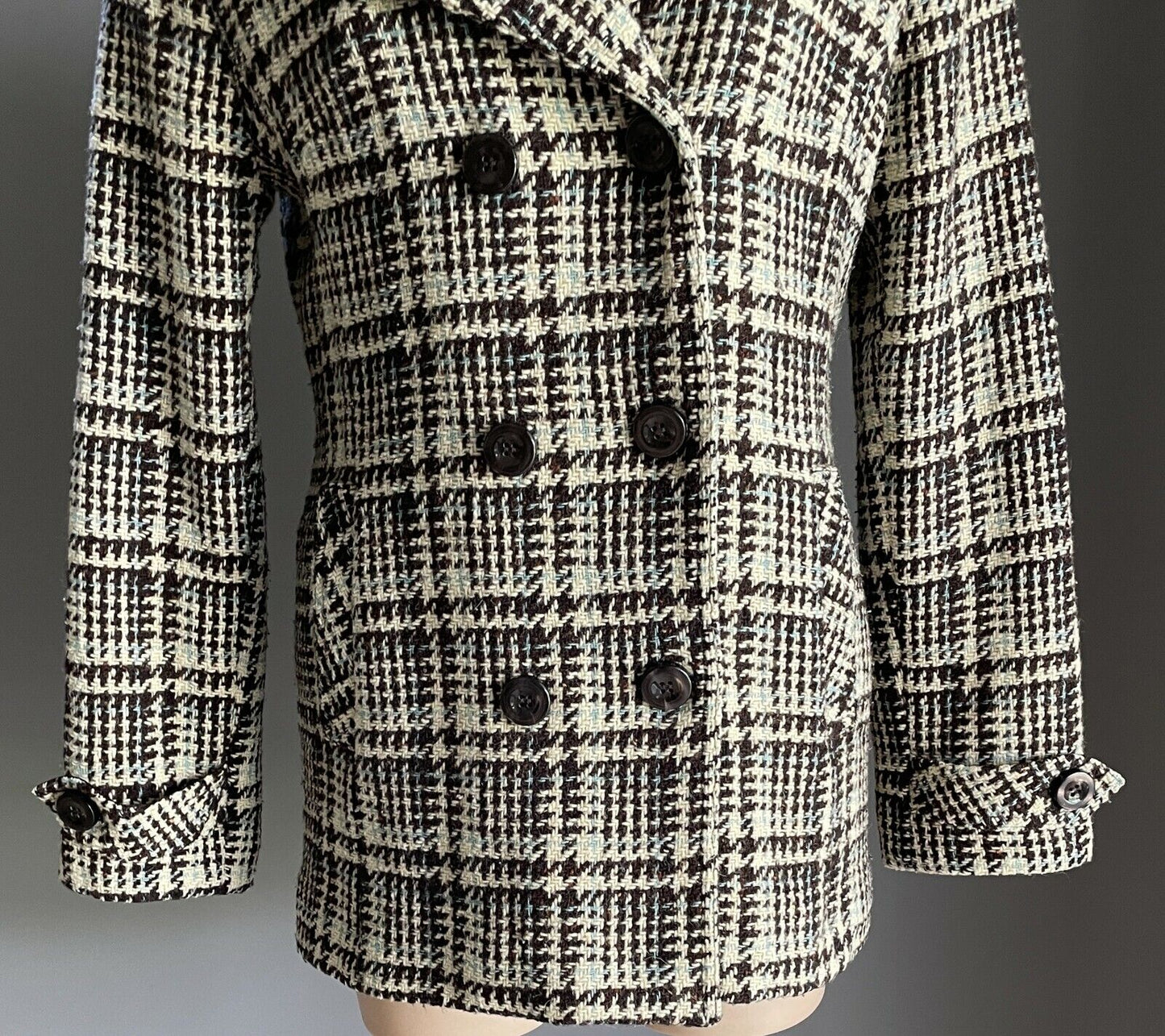 TOMMY HILFIGER Jacket Double Breasted Brown Blue Cream Plaid Wool Mix Sz L AU 14