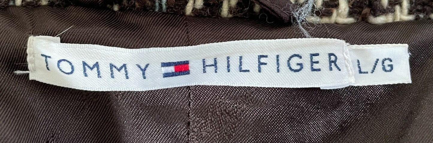 TOMMY HILFIGER Jacket Double Breasted Brown Blue Cream Plaid Wool Mix Sz L AU 14