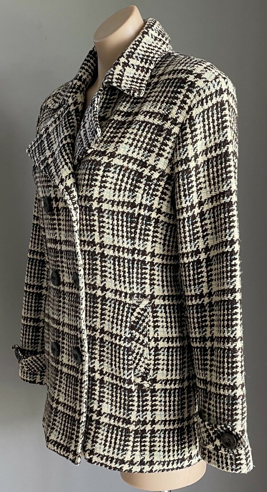 TOMMY HILFIGER Jacket Double Breasted Brown Blue Cream Plaid Wool Mix Sz L AU 14