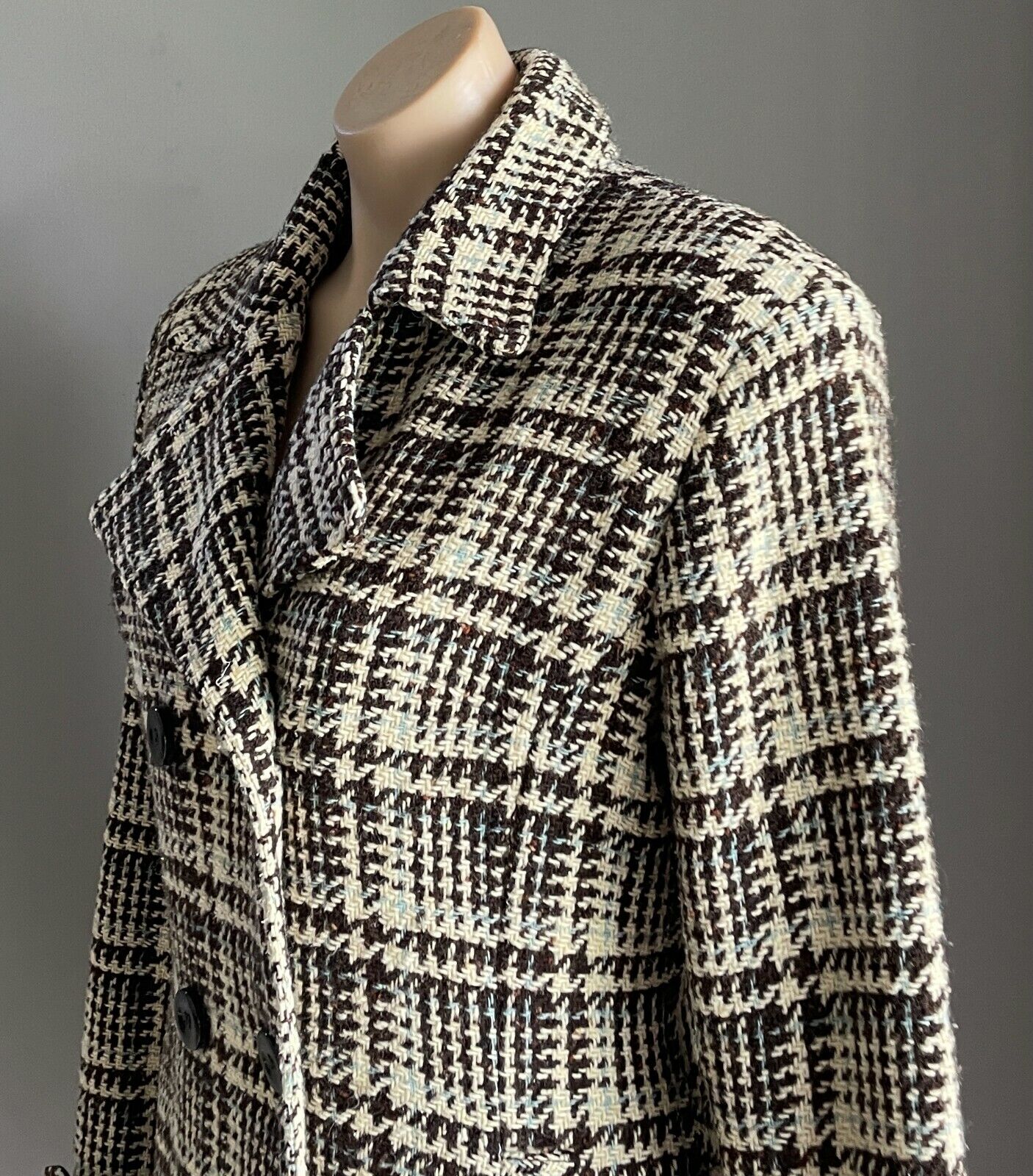 TOMMY HILFIGER Jacket Double Breasted Brown Blue Cream Plaid Wool Mix Sz L AU 14