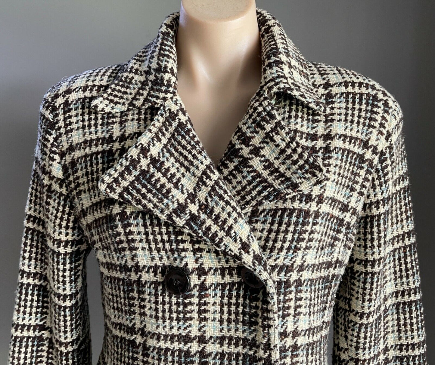 TOMMY HILFIGER Jacket Double Breasted Brown Blue Cream Plaid Wool Mix Sz L AU 14