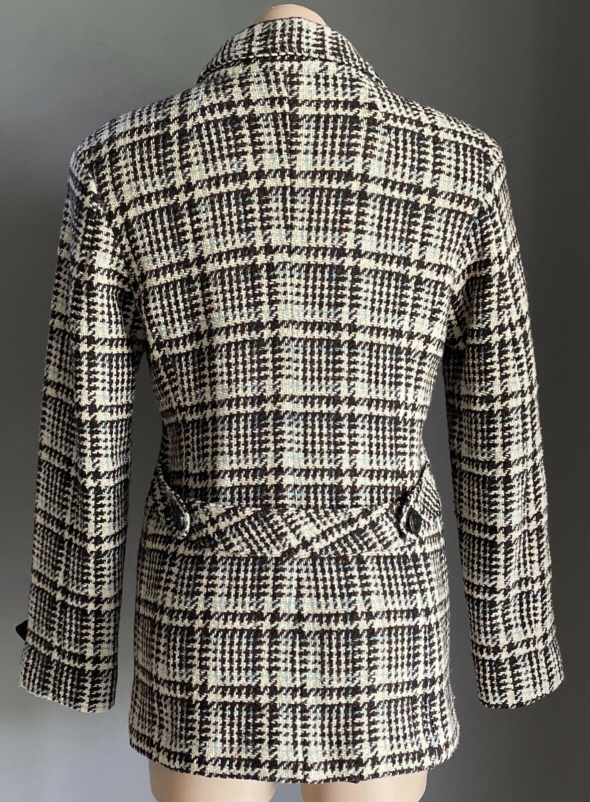 TOMMY HILFIGER Jacket Double Breasted Brown Blue Cream Plaid Wool Mix Sz L AU 14