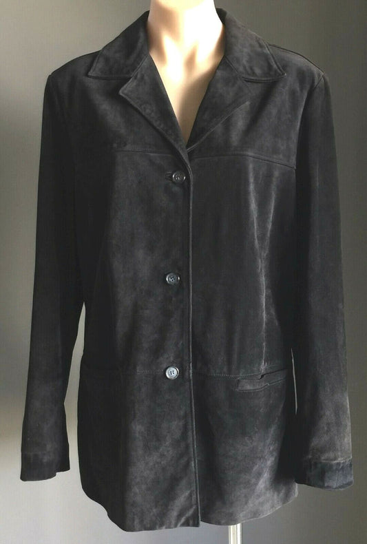 LAURA ASHLEY Jacket Suede Leather Black Coat Size L 14 Retro Vintage