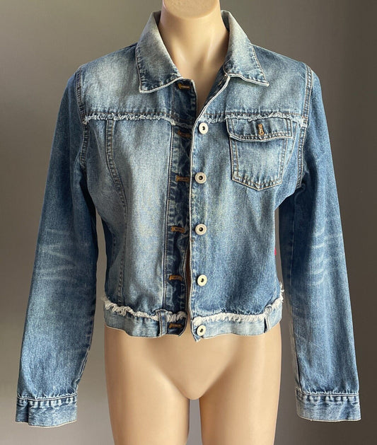 FIORUCCI Blue Denim Jacket Cropped Long Sleeve Fray Hem Edge Size 14