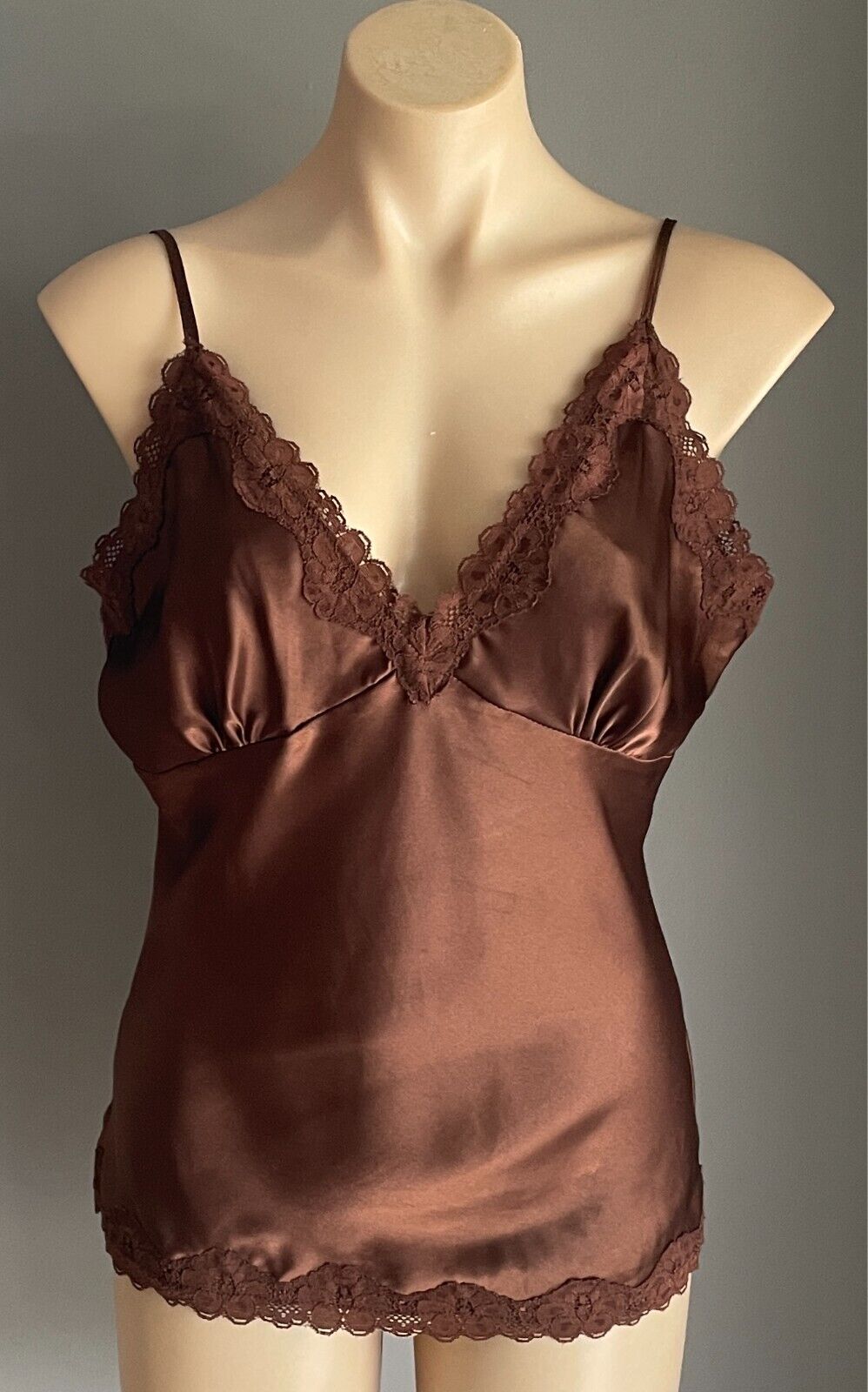 COVER GIRL Camisole Brown Size 14 Silky Satin Lace Adjustable Straps Cami Slip
