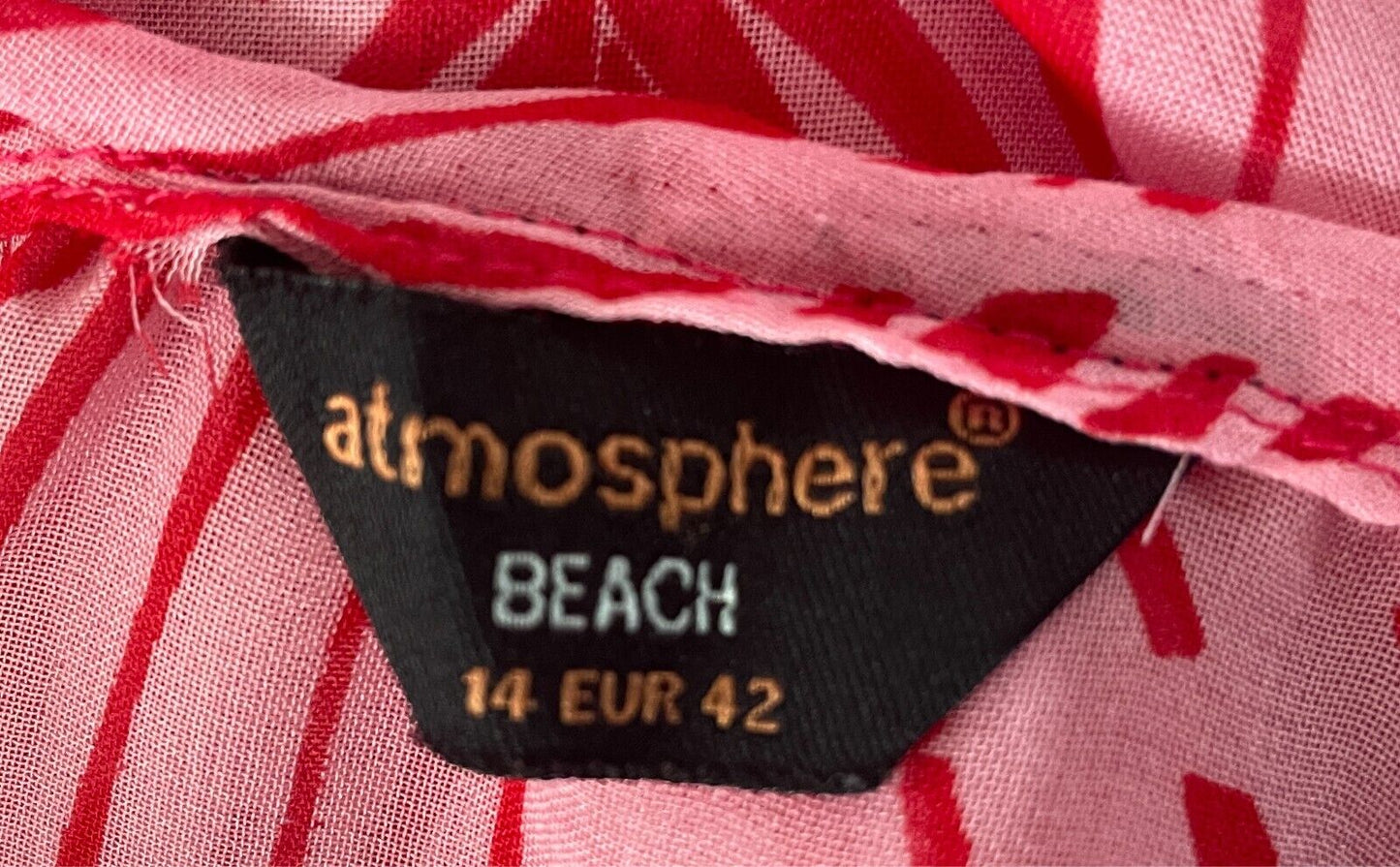 ATMOSPHERE BEACH Cover Up/Kimono Size 14 Pink/Red Palm Print Tie Back Semi Sheer