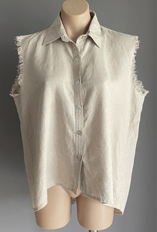 LJC DESIGNS Sleeveless Shirt Linen Sz L Oatmeal Fray Armhole Button Front Hi-Lo