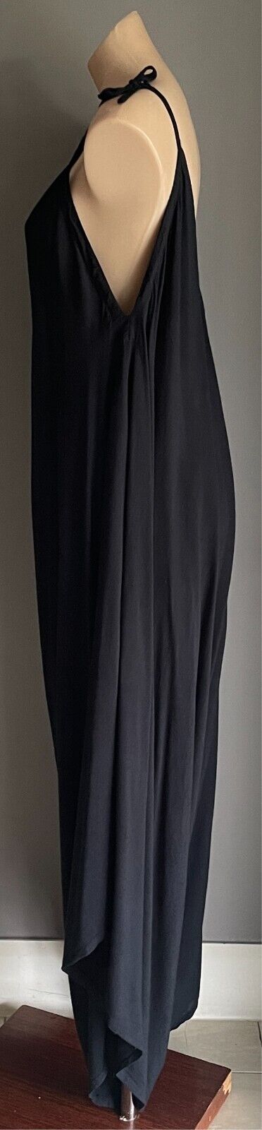 Flare Wide Leg Jumpsuit Black Thin Shoulder Tie V Neck Back Pantsuit Size 10 14