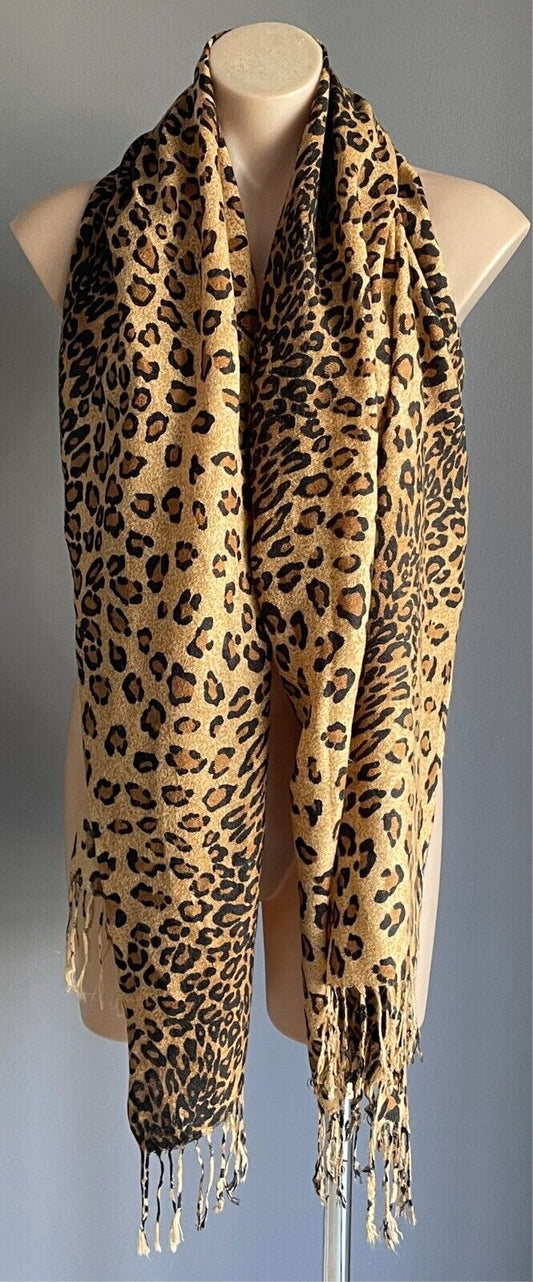 Fringed Rectangle NECK SCARF Leopard Print Caramel Brown Black Shawl Wrap