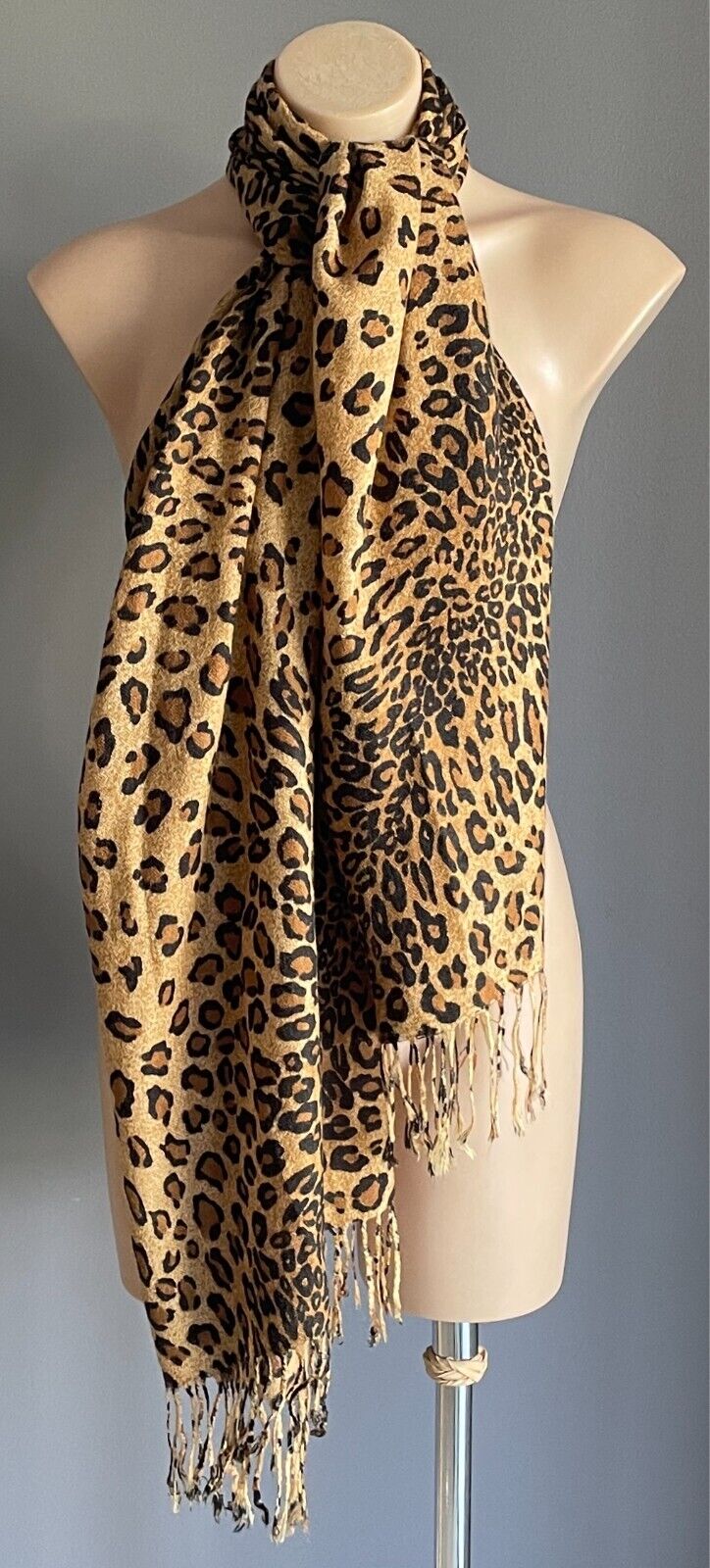 Fringed Rectangle NECK SCARF Leopard Print Caramel Brown Black Shawl Wrap