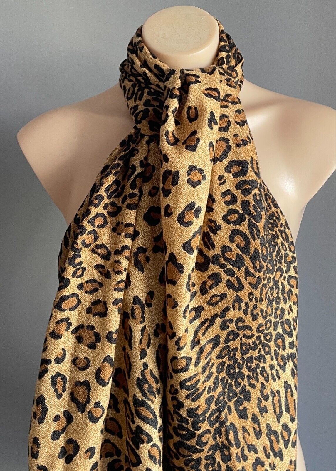Fringed Rectangle NECK SCARF Leopard Print Caramel Brown Black Shawl Wrap