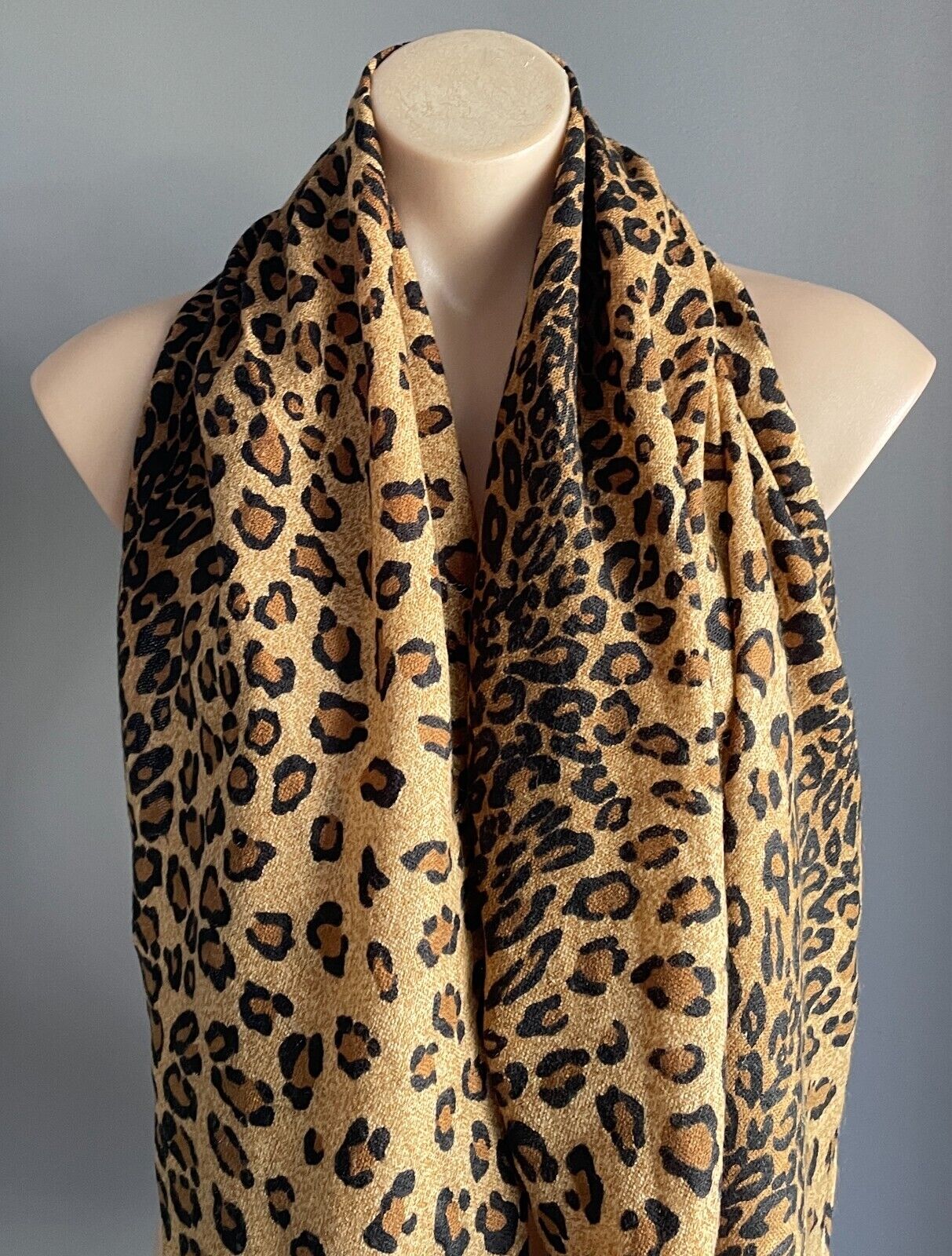 Fringed Rectangle NECK SCARF Leopard Print Caramel Brown Black Shawl Wrap
