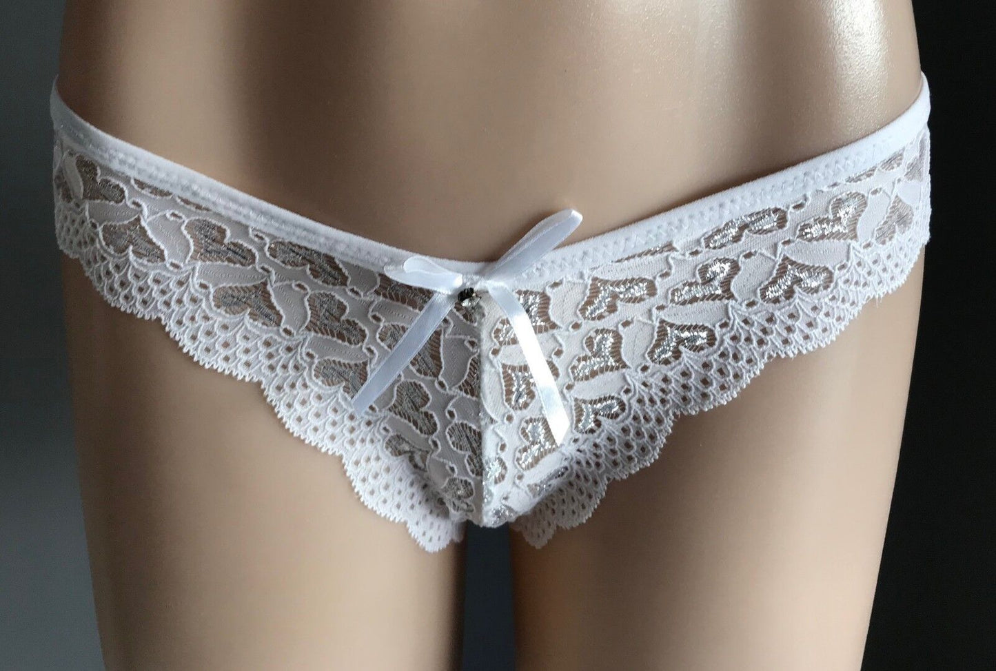 POISON ROSE Panties Size 10 Brazilian White Silver Heart Lace Diamante Sexy NEW