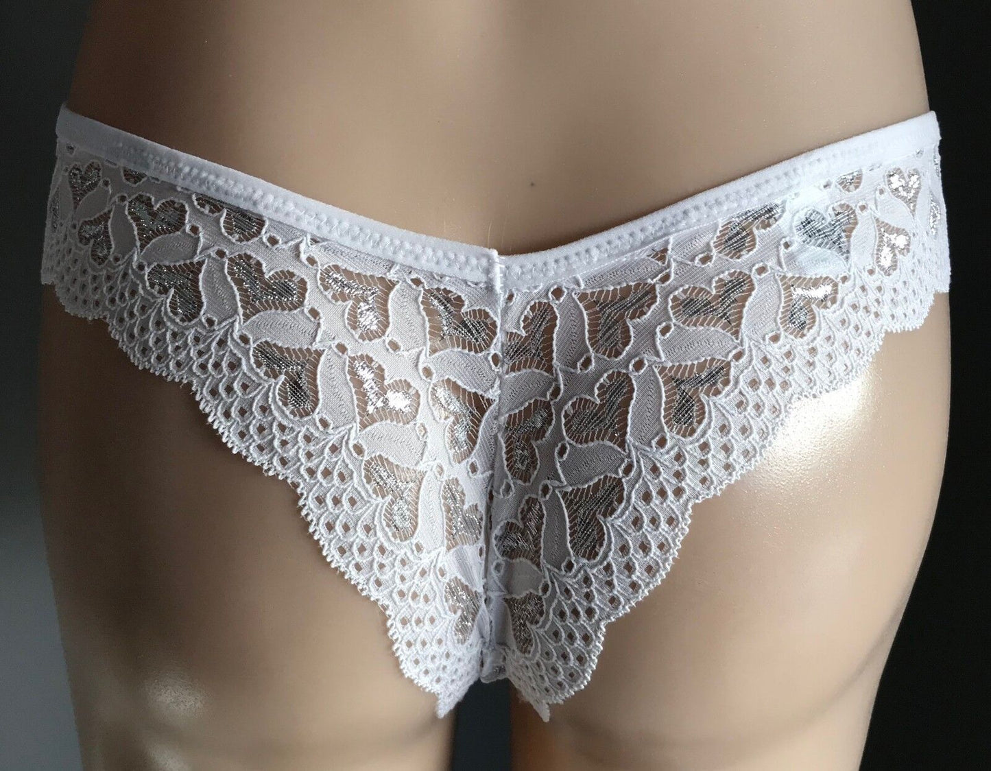 POISON ROSE Panties Size 10 Brazilian White Silver Heart Lace Diamante Sexy NEW
