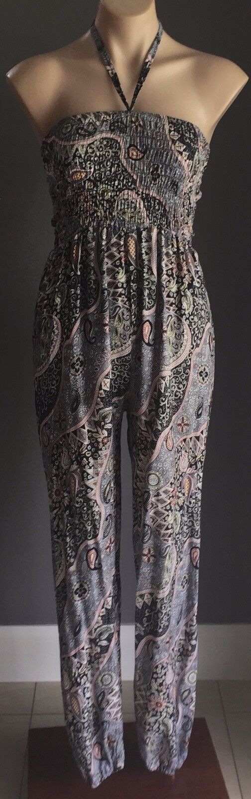JUMPSUIT Boho Cotton Size 8 10 MultiColour Floral Paisley Shirred Elastic Bodice