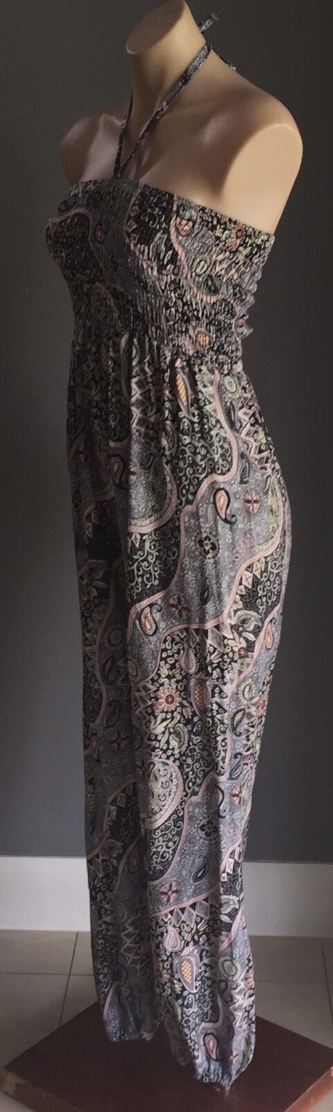 JUMPSUIT Boho Cotton Size 8 10 MultiColour Floral Paisley Shirred Elastic Bodice
