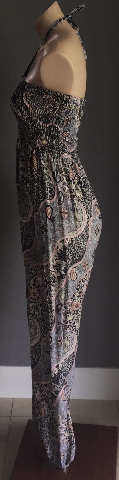 JUMPSUIT Boho Cotton Size 8 10 MultiColour Floral Paisley Shirred Elastic Bodice
