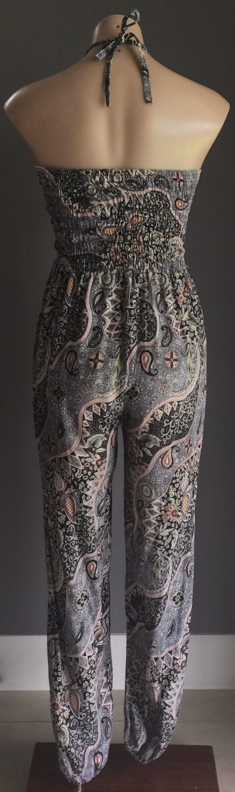 JUMPSUIT Boho Cotton Size 8 10 MultiColour Floral Paisley Shirred Elastic Bodice