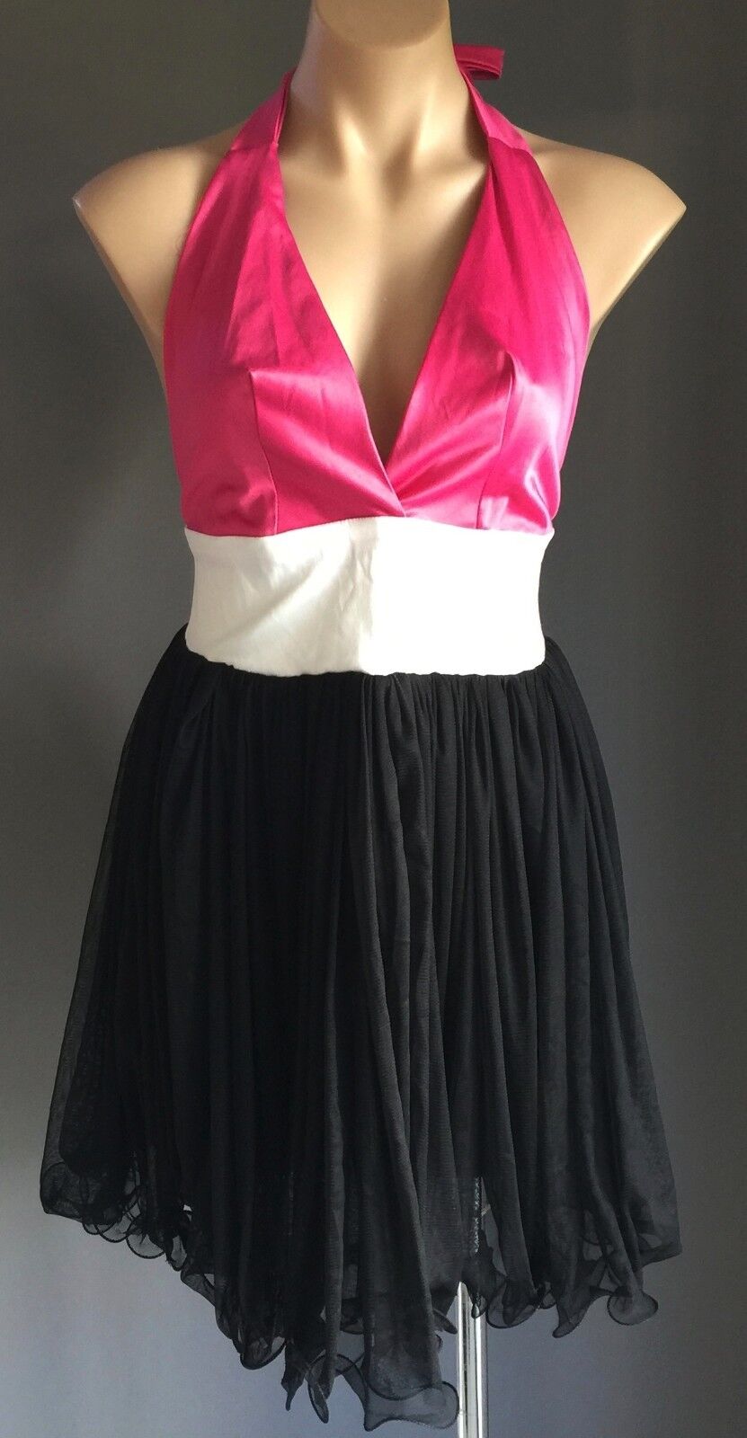 MARIA DE GUZMAN Halter Neck Dress Size 12 MINI Fuchsia White Black Sheer Fab