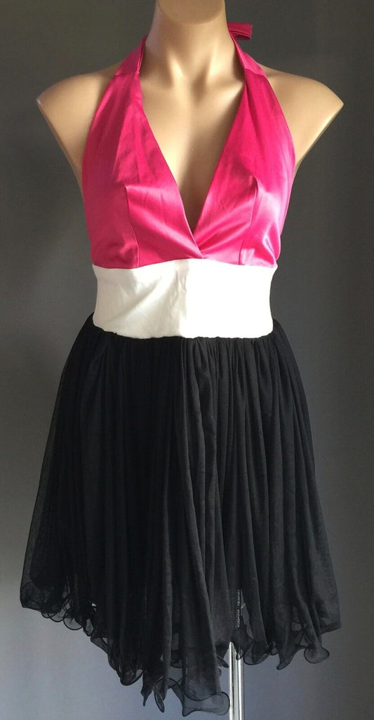 MARIA DE GUZMAN Halter Neck Dress Size 12 MINI Fuchsia White Black Sheer Fab