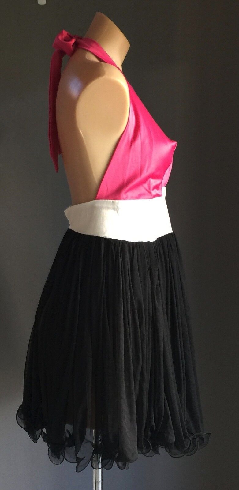 MARIA DE GUZMAN Halter Neck Dress Size 12 MINI Fuchsia White Black Sheer Fab