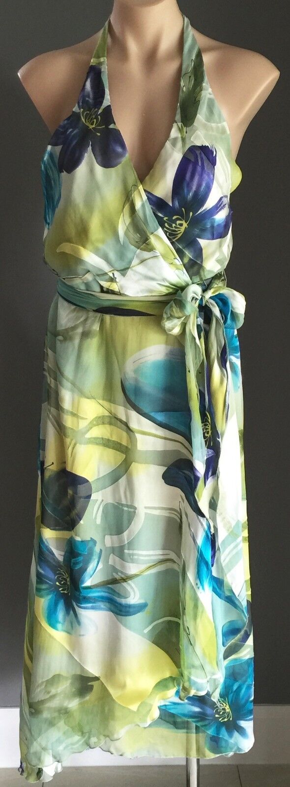 F GEAR Halter Neck Dress Size 10 & 12 Silk Green MultiColour Tropical Print NEW