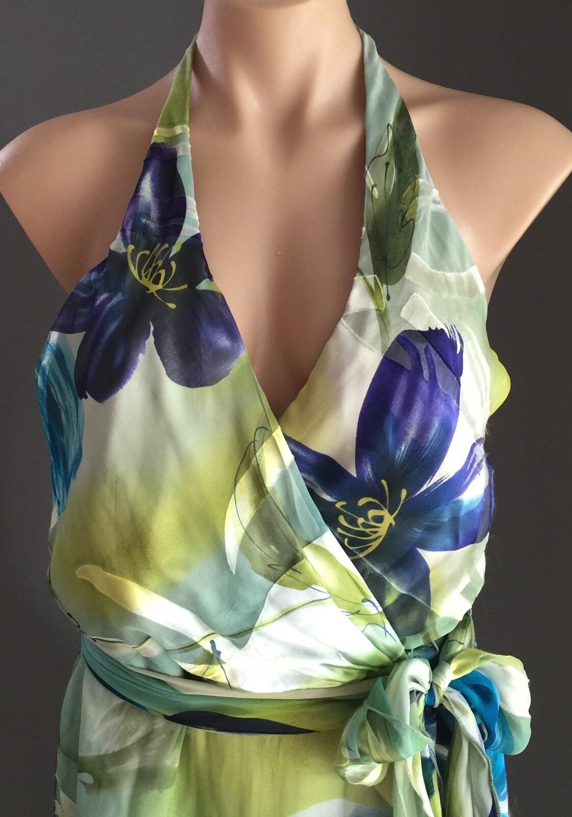 F GEAR Halter Neck Dress Size 10 & 12 Silk Green MultiColour Tropical Print NEW