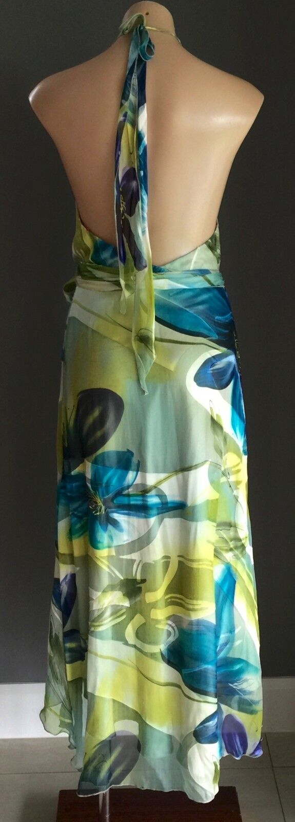F GEAR Halter Neck Dress Size 10 & 12 Silk Green MultiColour Tropical Print NEW