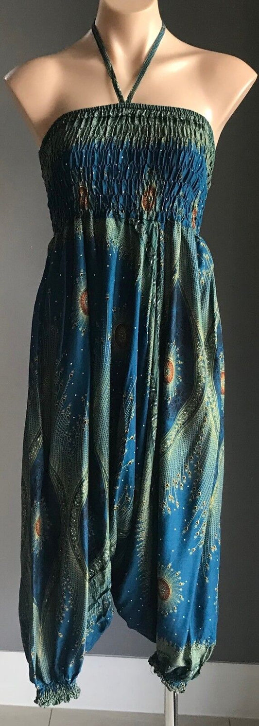 JUMPSUIT Harem Pantsuit Size 10 Low Crotch Turquoise Gold Black White Shirred