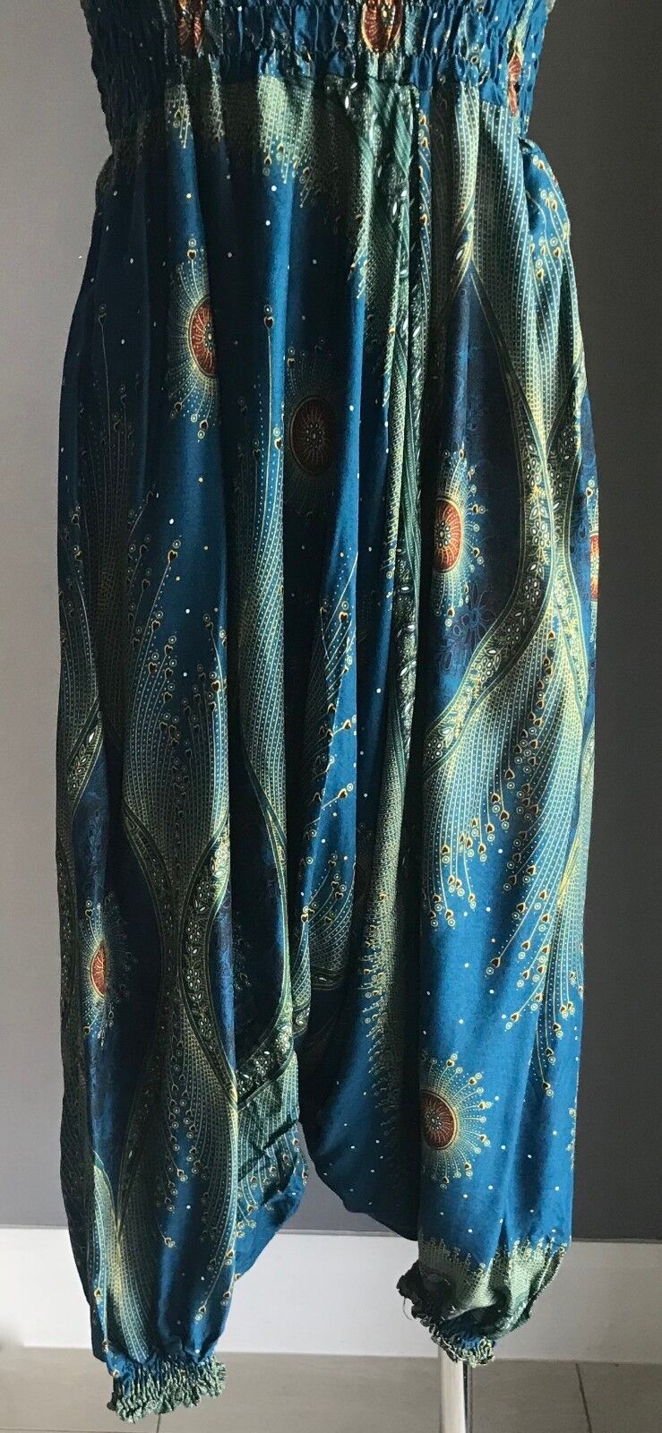 JUMPSUIT Harem Pantsuit Size 10 Low Crotch Turquoise Gold Black White Shirred