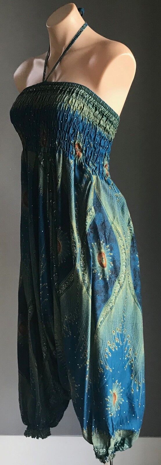JUMPSUIT Harem Pantsuit Size 10 Low Crotch Turquoise Gold Black White Shirred