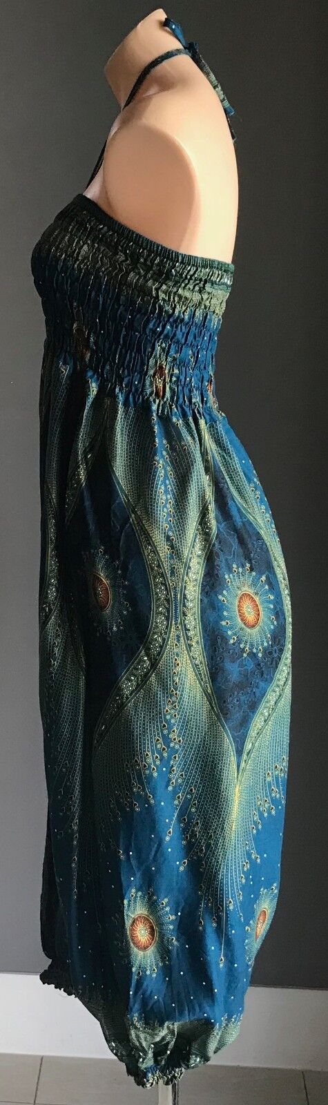JUMPSUIT Harem Pantsuit Size 10 Low Crotch Turquoise Gold Black White Shirred