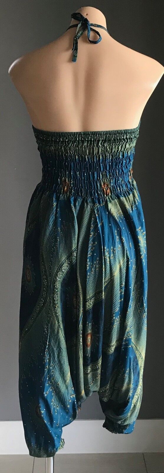 JUMPSUIT Harem Pantsuit Size 10 Low Crotch Turquoise Gold Black White Shirred