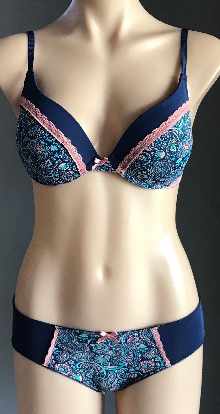 Lingerie Set Sexy Navy Blue Bra 12C & Panties Sz 10 Coal Aqua Paisley Print NEW