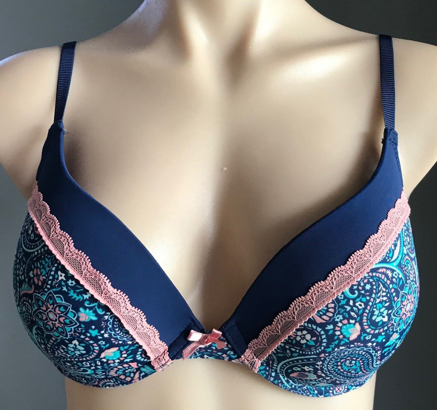 Lingerie Set Sexy Navy Blue Bra 12C & Panties Sz 10 Coal Aqua Paisley Print NEW