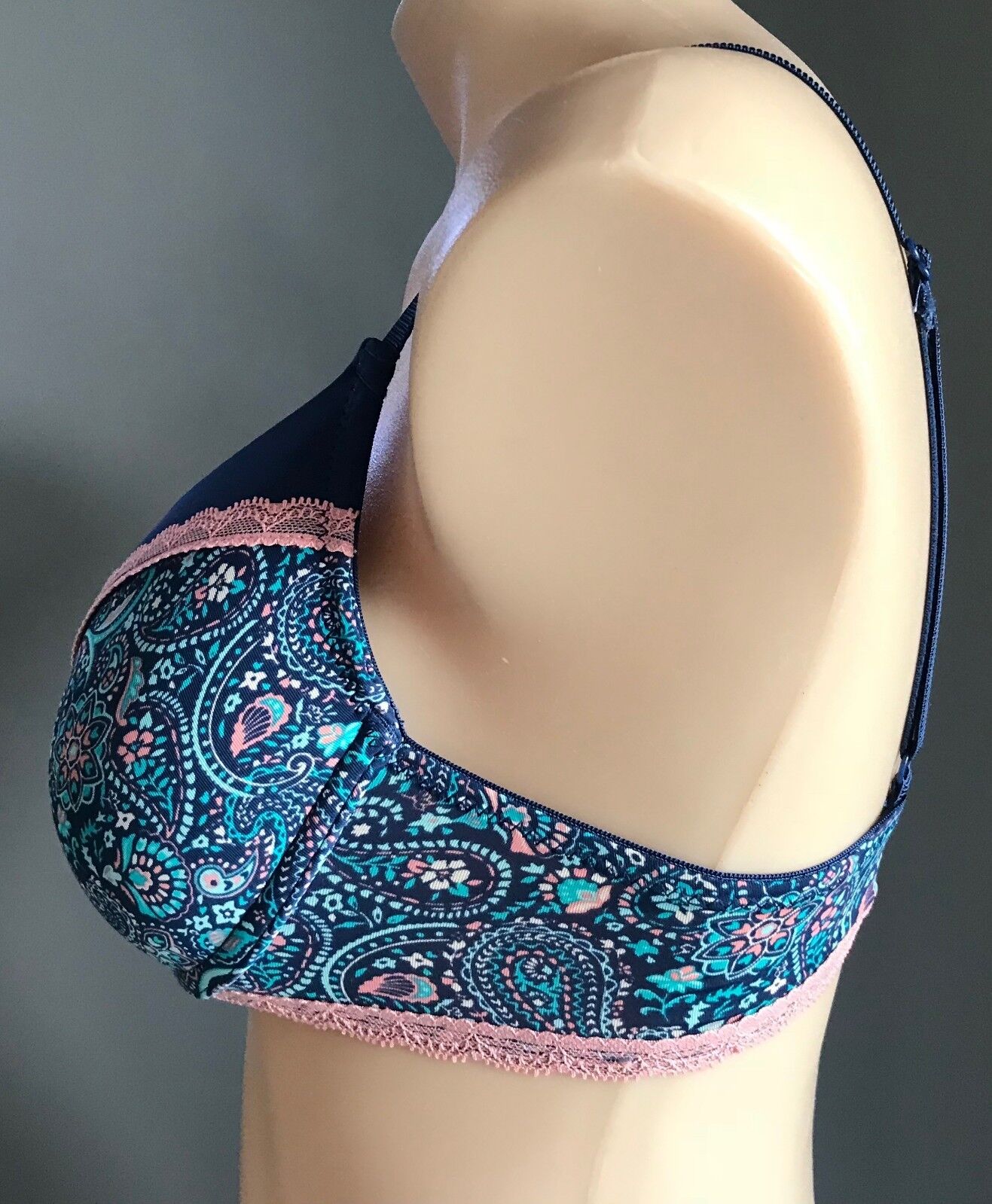 Lingerie Set Sexy Navy Blue Bra 12C & Panties Sz 10 Coal Aqua Paisley Print NEW
