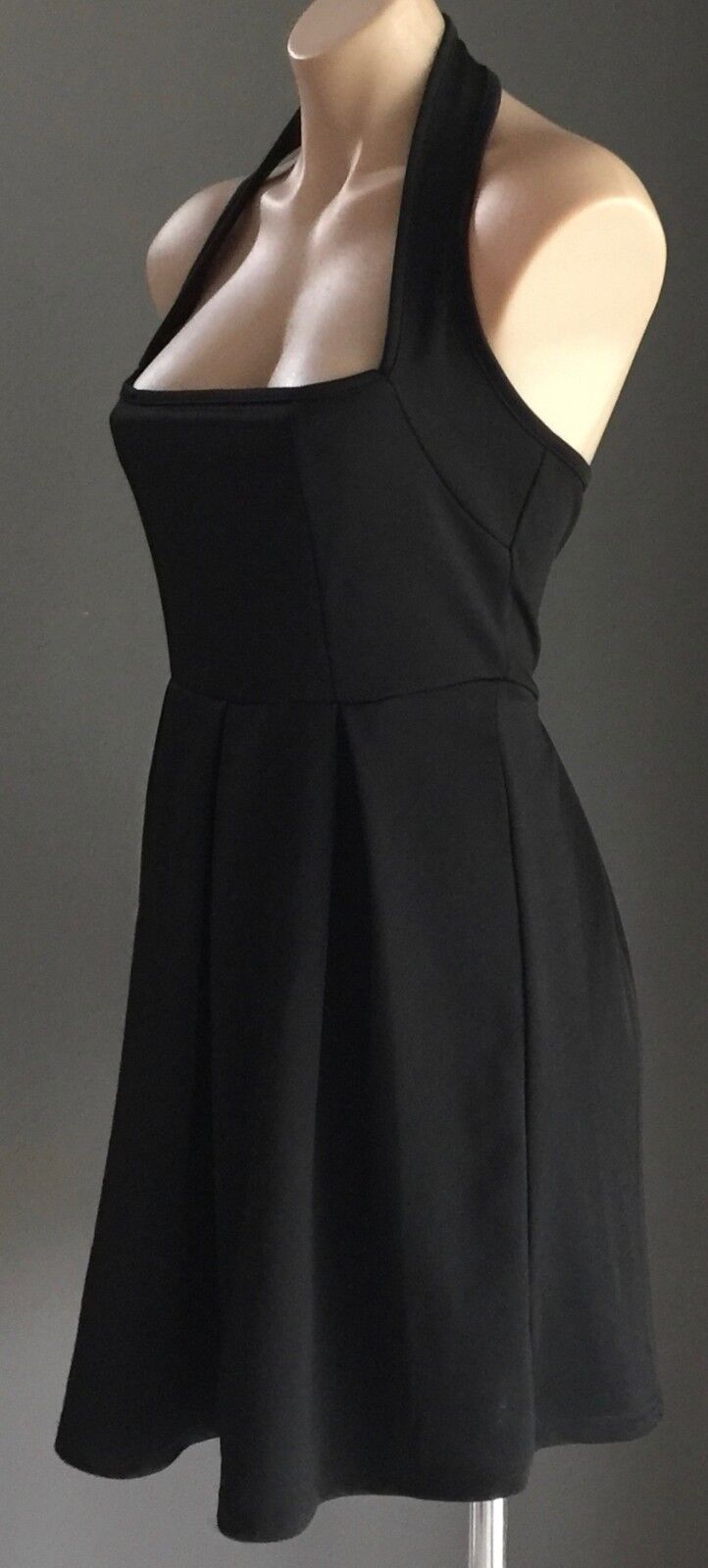 1990's Halter Neck Skater Dress Size S 10 Black Stretch Pleated Gorgeous