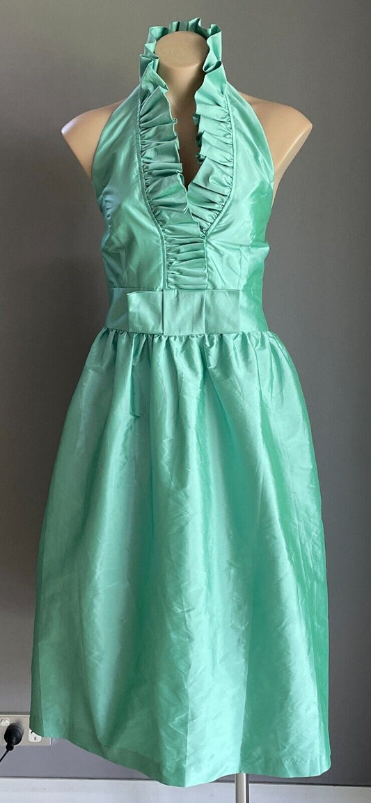 ALFRED SUNG Halter Neck Dress Size 12 Mint Green Ruffle Taffeta Bridesmaid NEW