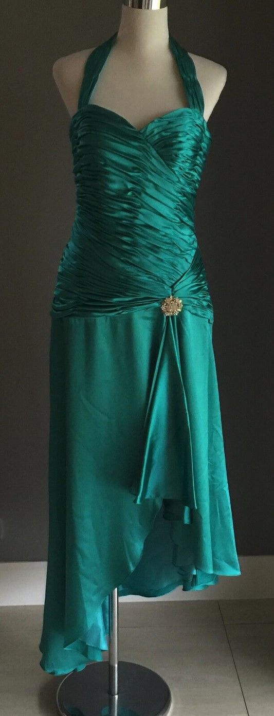 MANCINI Halter Neck Dress Size 12 Jade Green Ruched Satin Parties Formals NEW