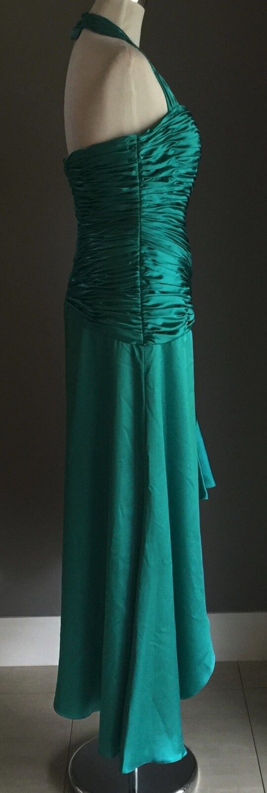 MANCINI Halter Neck Dress Size 12 Jade Green Ruched Satin Parties Formals NEW